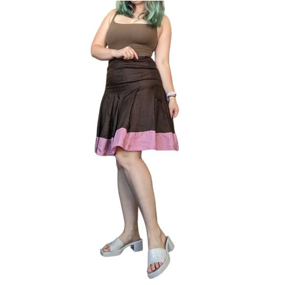 Y2K GAP Pleated Silk Skirt Knee Length Chocolate Brown Womens 8 Pink Preppy - Picture 1 of 5